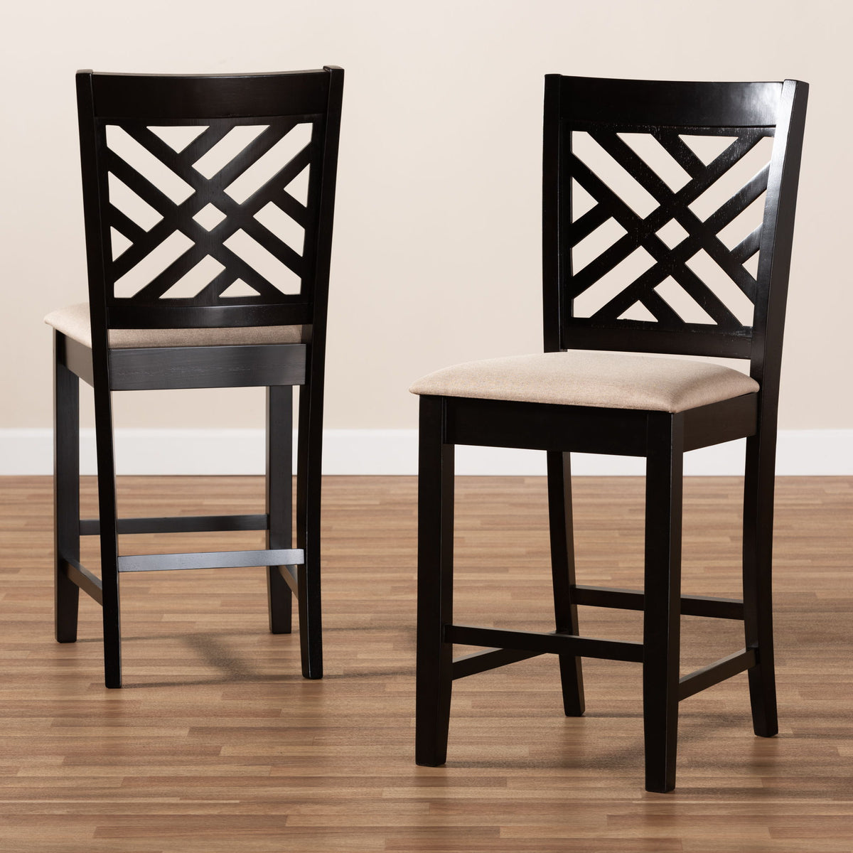 Caron Modern and Contemporary Sand Fabric Upholstered Espresso Brown Finished Wood Counter Height 2-Piece Pub Chair Set
