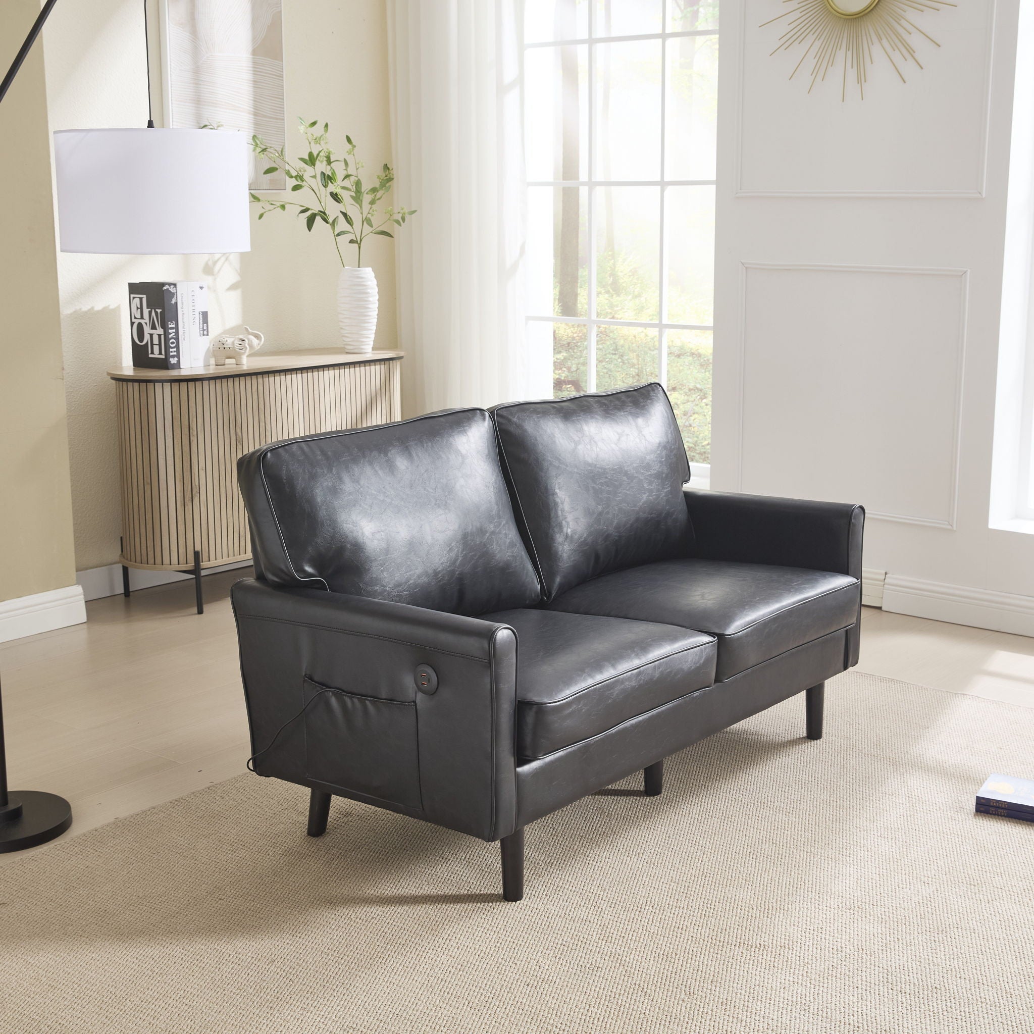 Mid Century Modern Loveseat Sofa With USB Ports, Removable Pillow Cover