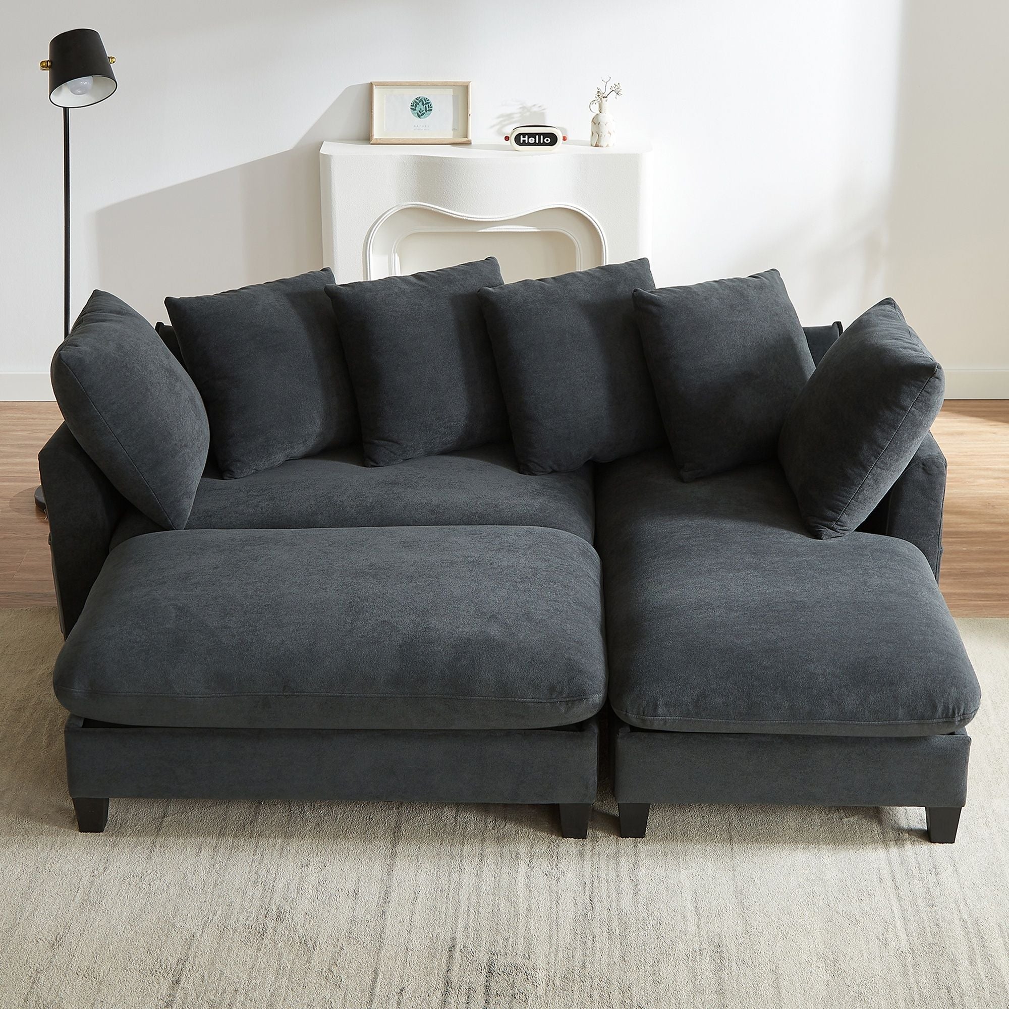 Upholstered L Shaped Sectional Sofa With Storage, Movable Ottoman, And 6 Throw Pillows