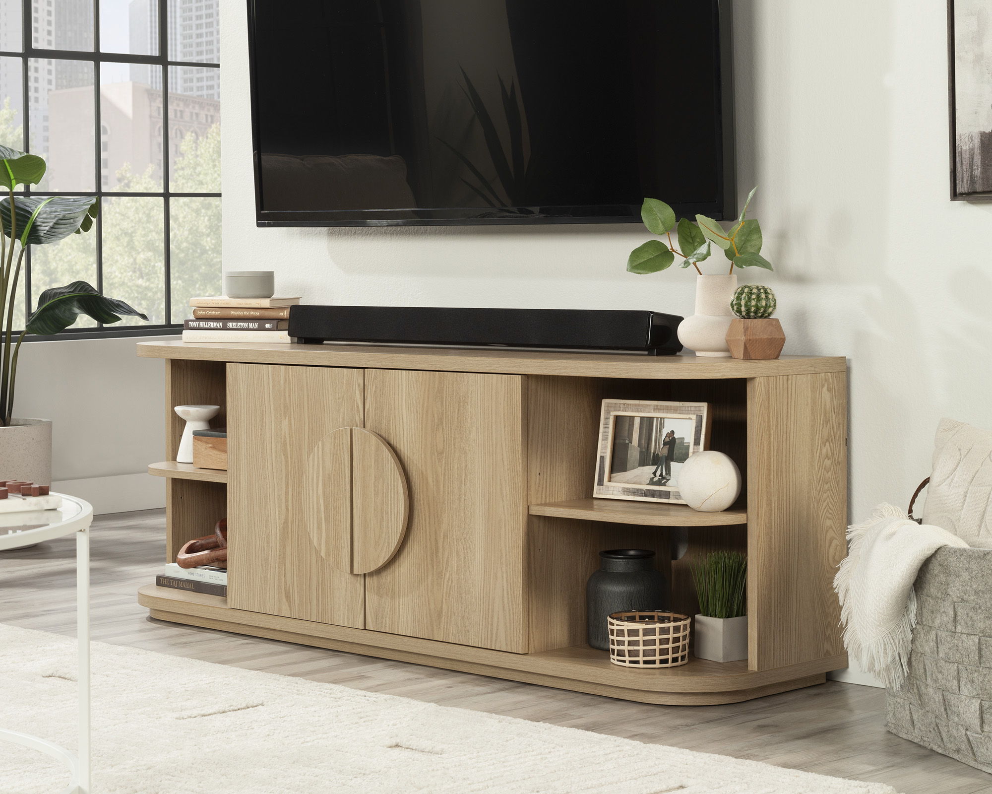 Modern TV Credenza with Doors in Harmony Ash