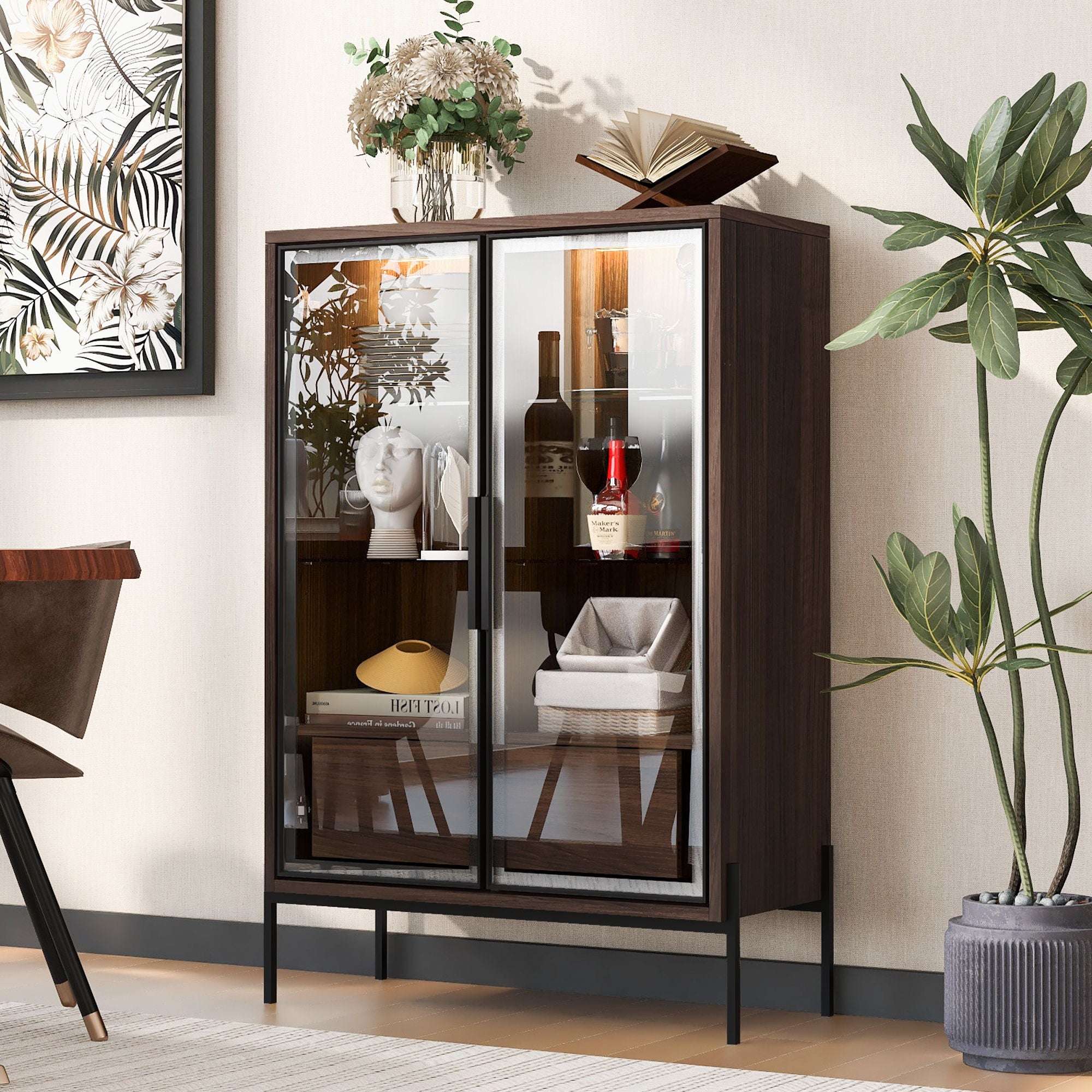 Modern Minimalist Style LED Curio Cabinet With Tempered Glass Door, Metal Legs