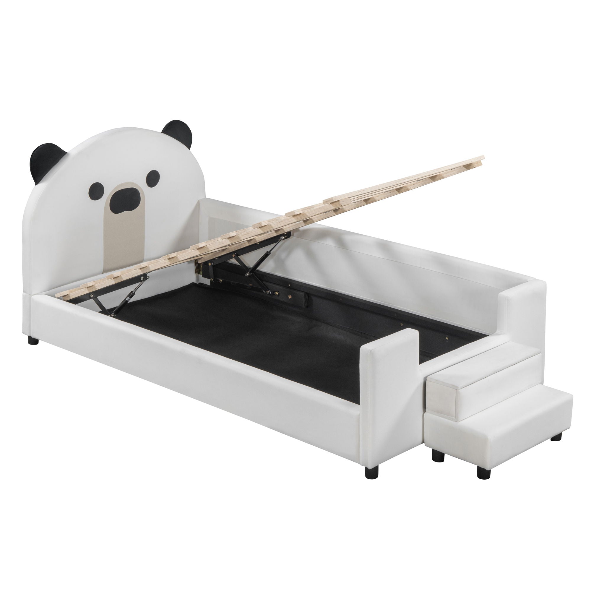 Upholstered Daybed With Bear Shaped Headboard, Hydraulic System And Breathable Mesh Fence