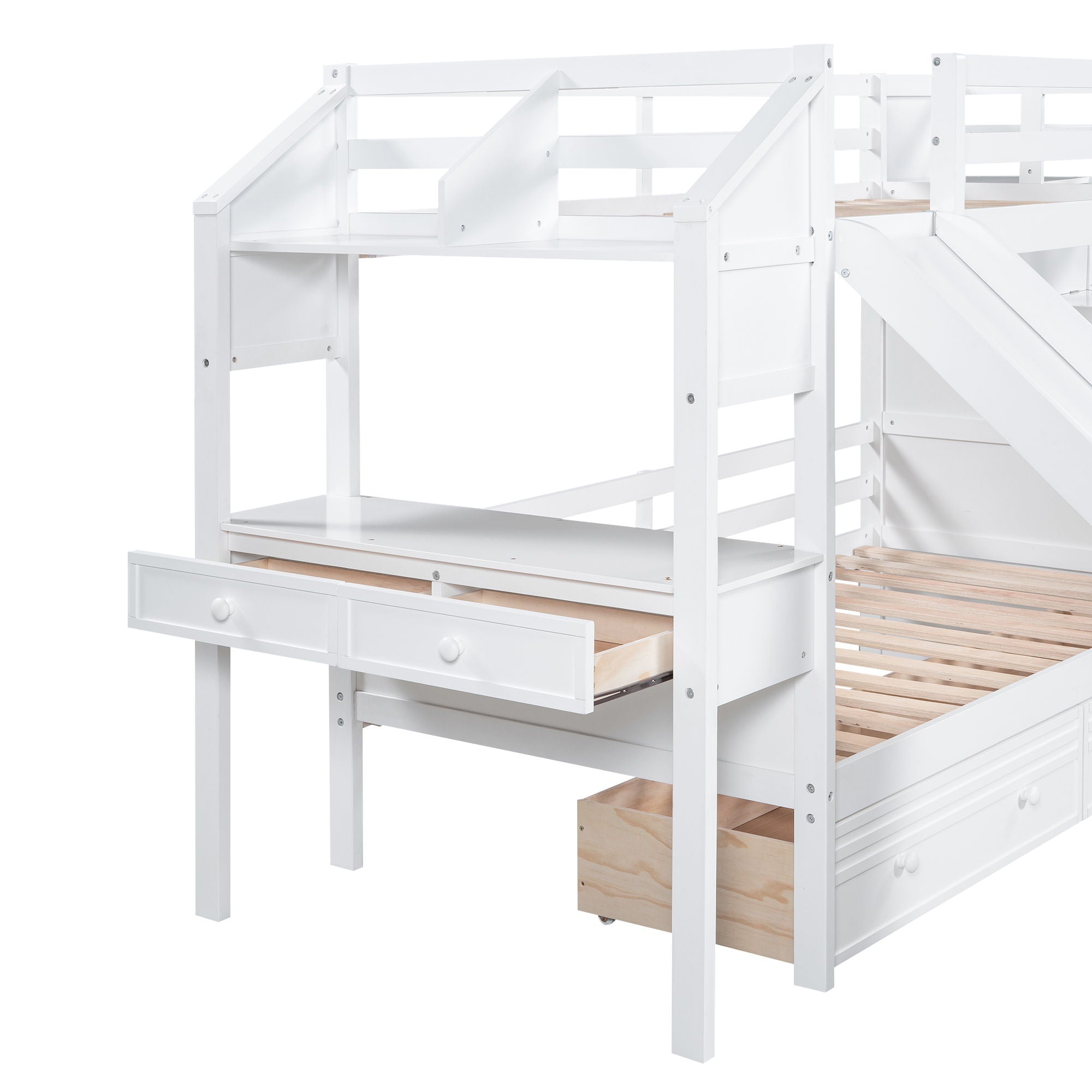 Bunk Bed With Storage Staircase, Slide, Desk, Drawers, And Shelves
