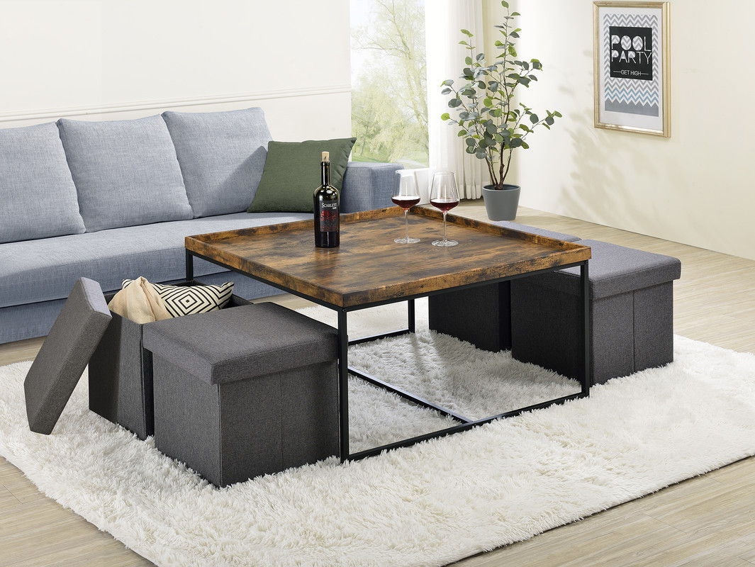 Vinny 35"W Weathered Oak Wood Grain 5 Piece Coffee Table Set with Raised Edges