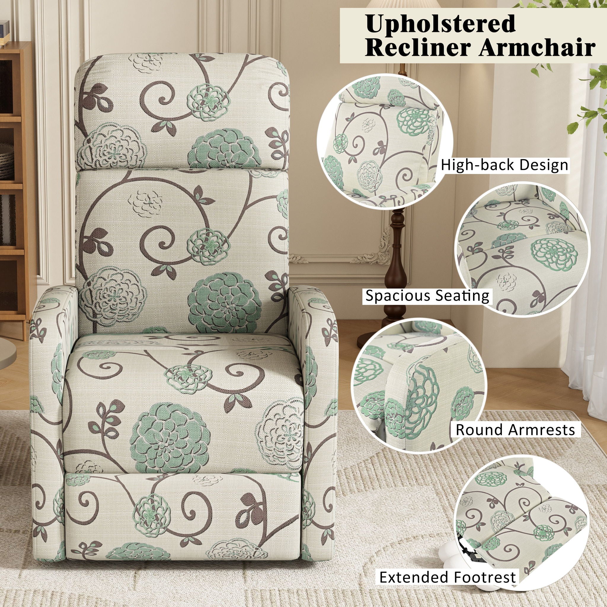 Modern Manual Recliner, Home Theater Chair With Adjustable Backrest For Living Room - Beige / Blue