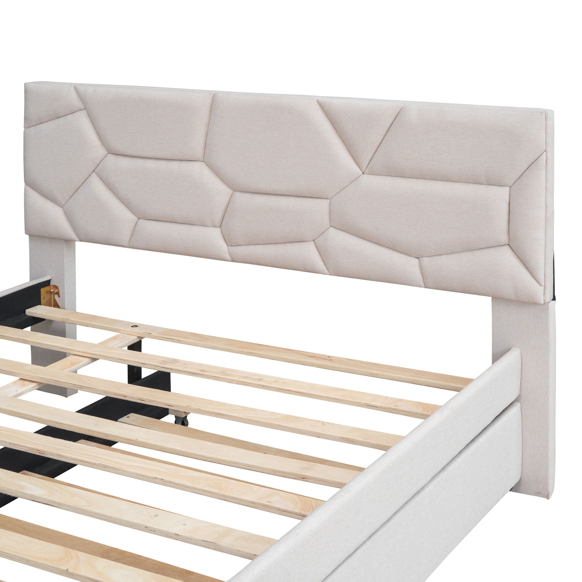 Upholstered Platform Bed With Brick Pattern Headboard And Twin Long Size Trundle