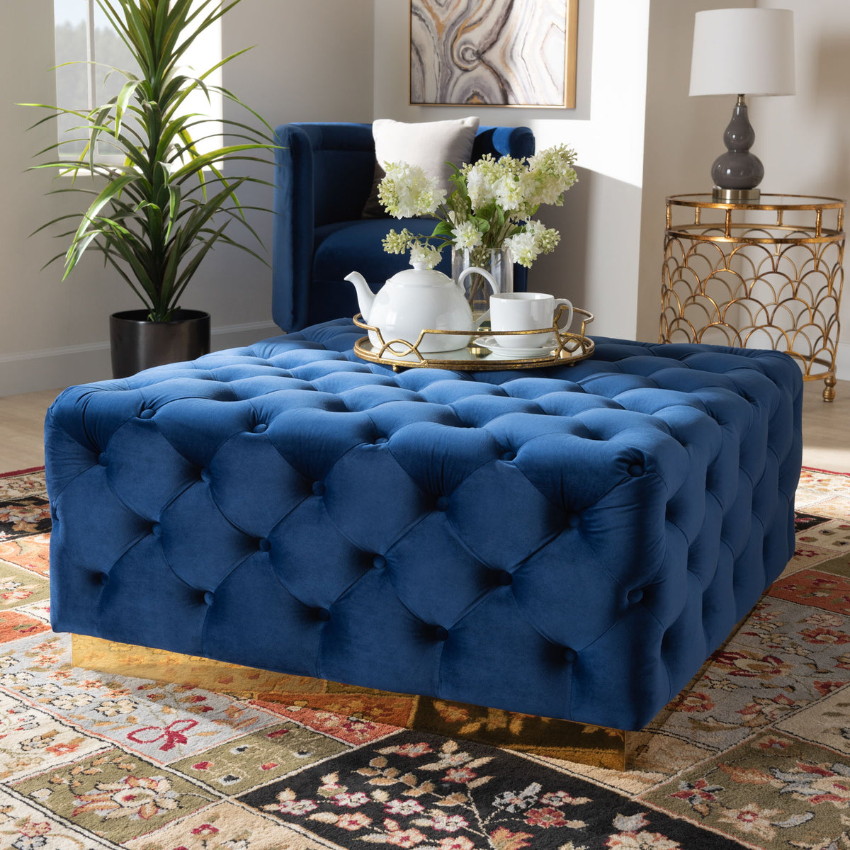 Verene Glam and Luxe Royal Blue Velvet Fabric Upholstered Gold Finished Square Cocktail Ottoman
