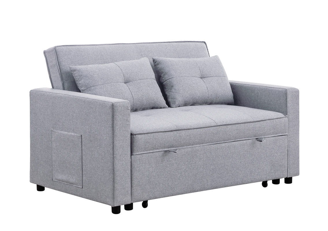 Zoey 56"W Light Gray Linen Convertible Sleeper Loveseat with Side Pocket
