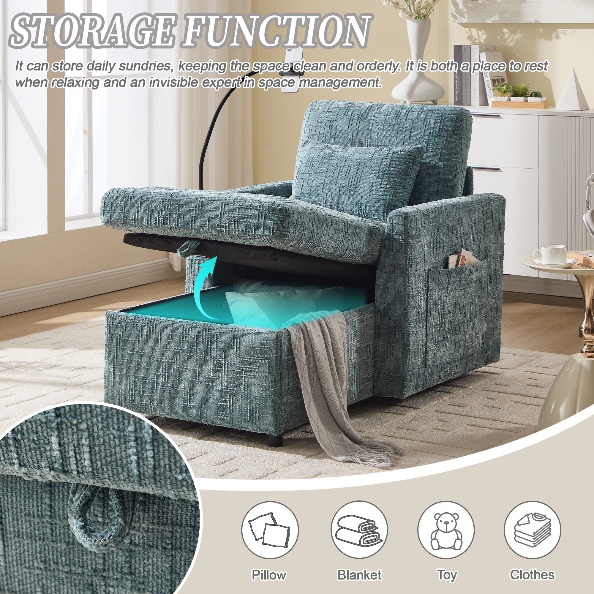 Multifunctional Chenille Recliner Sofa With Storage And Phone Bracket