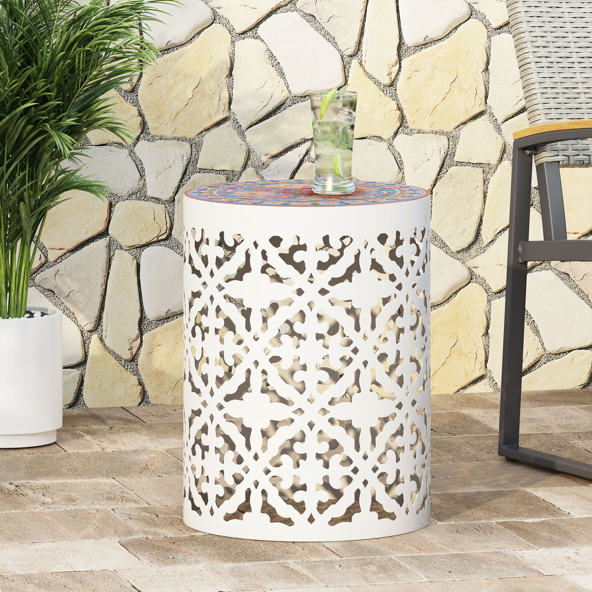 Airy - Outdoor Side Table With Lace Cut Design And Metal Frame