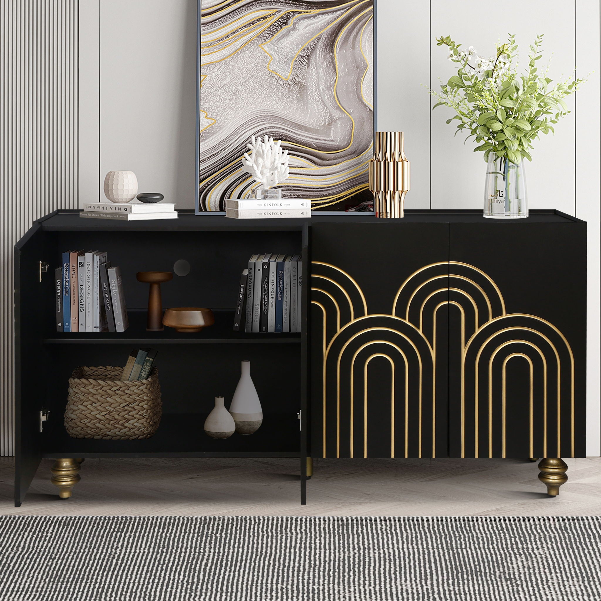 Modern Fluted Sideboard Buffet With Storage, Curve Element, 4 Doors With Adjustable Shelves