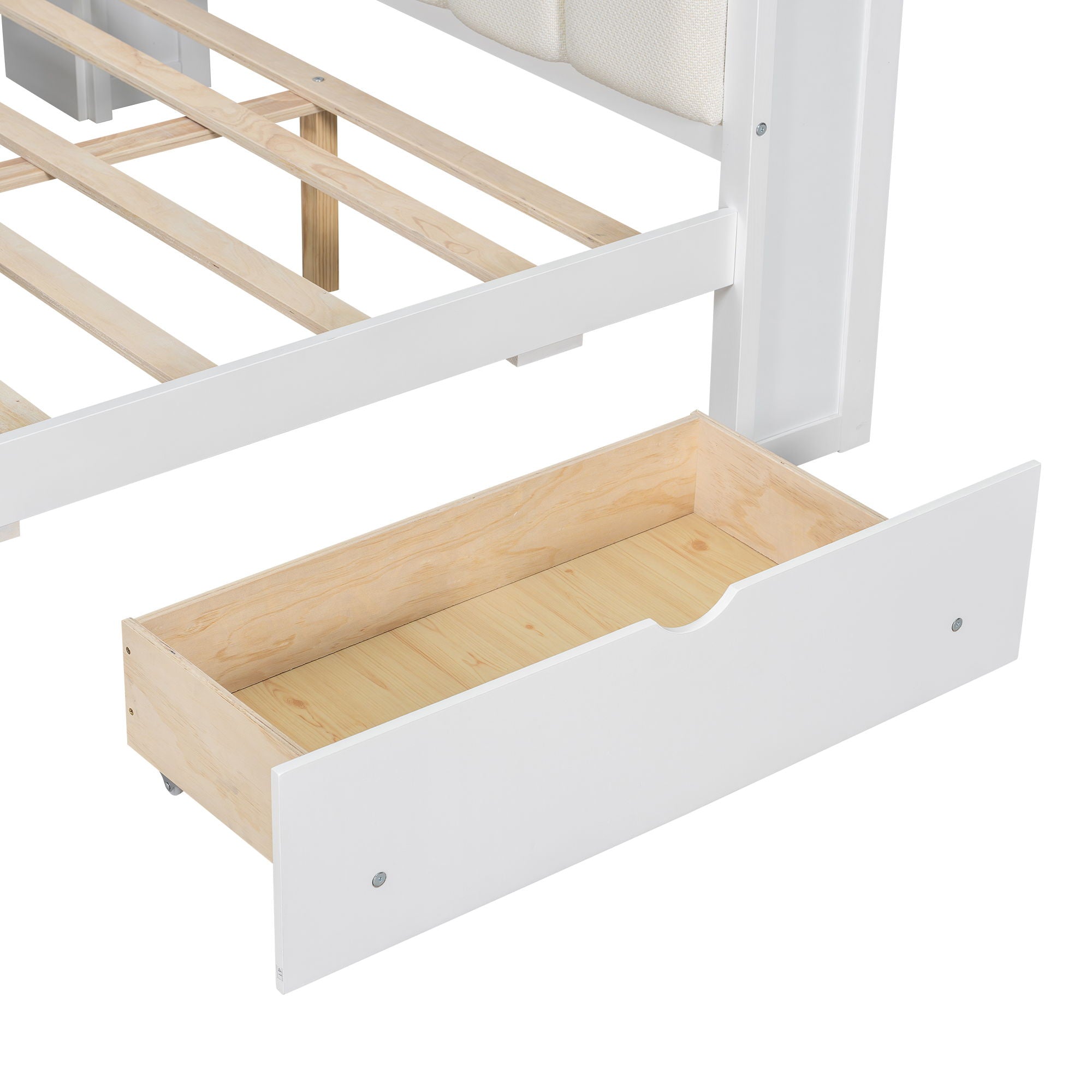 Platform Bed With Upholstered Headboard, Storage Shelves, Drawers, Charging Station, LED Lighting, Built In Desk