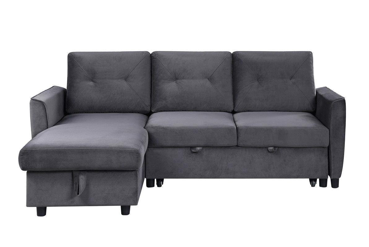 Hudson 83"W Dark Gray Velvet Reversible Sleeper Sectional Sofa with Storage Chaise