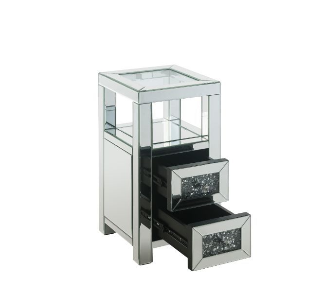 ACME Noralie - Accent Table - Clear Glass, Mirrored & Faux Diamonds - 24" | Meri Furniture