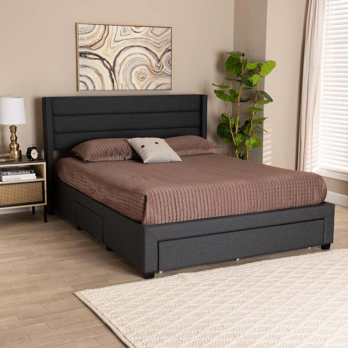 Braylon Mid-Century Modern Transitional Charcoal Grey Fabric and Dark Brown Finished Wood Full Size 3-Drawer Storage Platform Bed