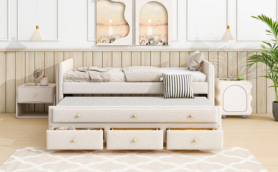 Upholstered Daybed With Trundle And Drawers