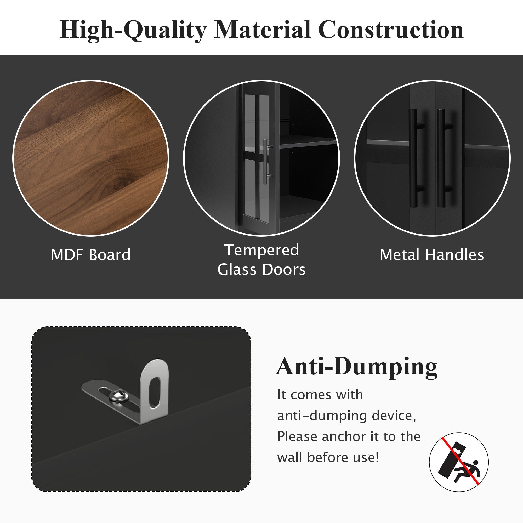 Wall Unit Entertainment Center With Bookshelves For TVs Up To 80", Tempered Glass Doors And Adjustable Shelves