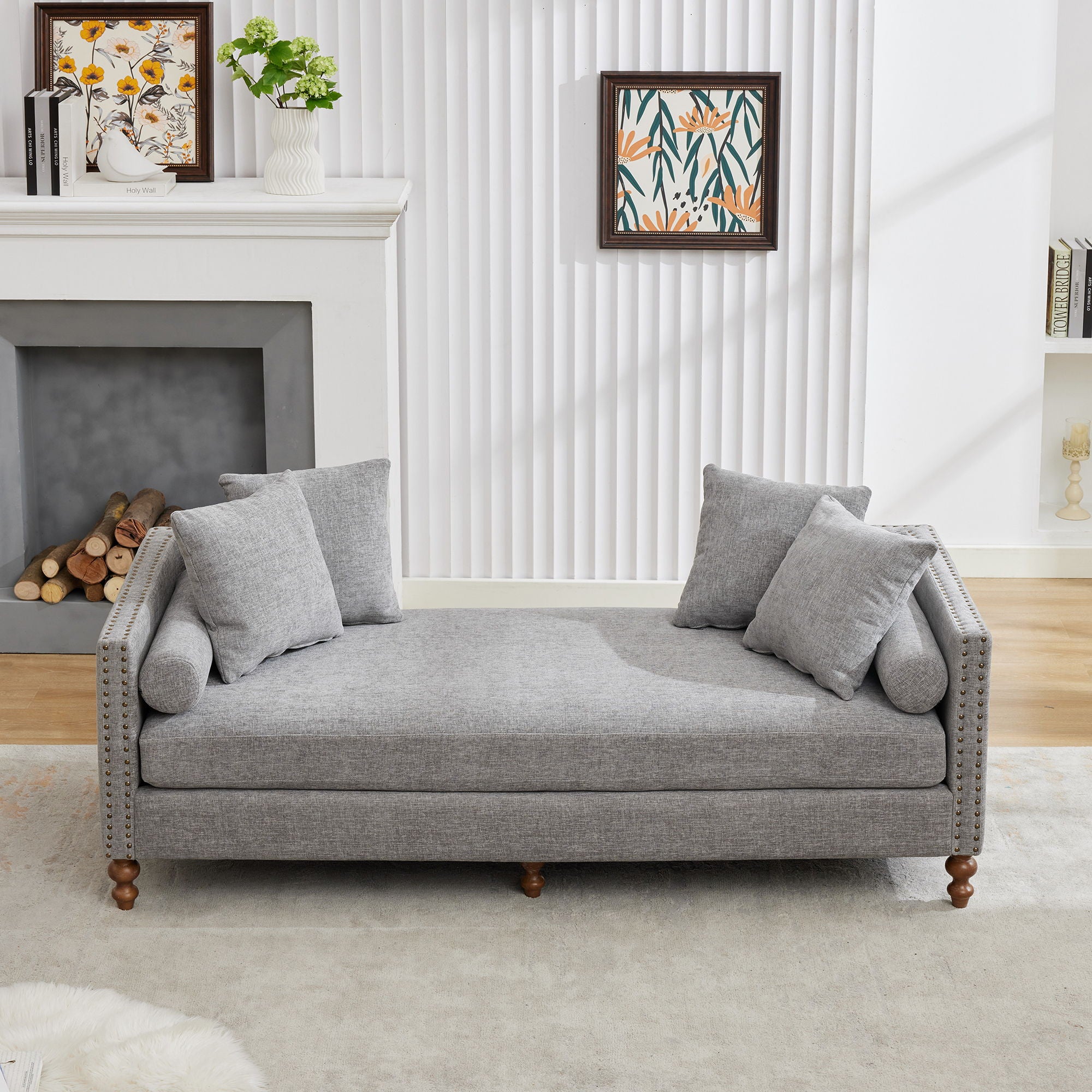 Upholstered Chaise Lounge Indoor With Nailheads, Sleeper Sofa Couch With 4 Throw Pillows & 2 Bolsters, Daybed With Rubberwood Legs