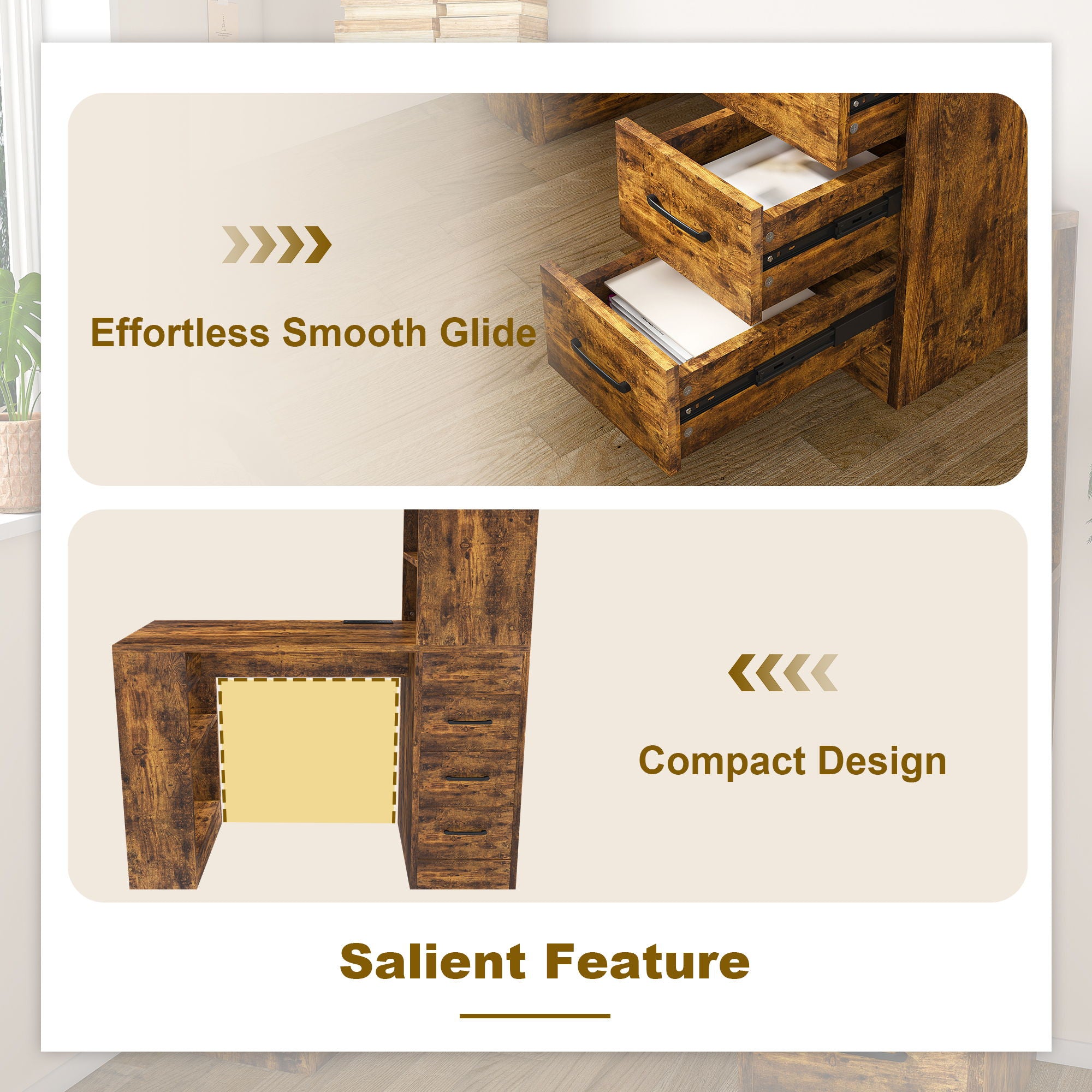 Computer Desk With 4 In 1 Socket & 3 Drawers, 4 Tier Shelves