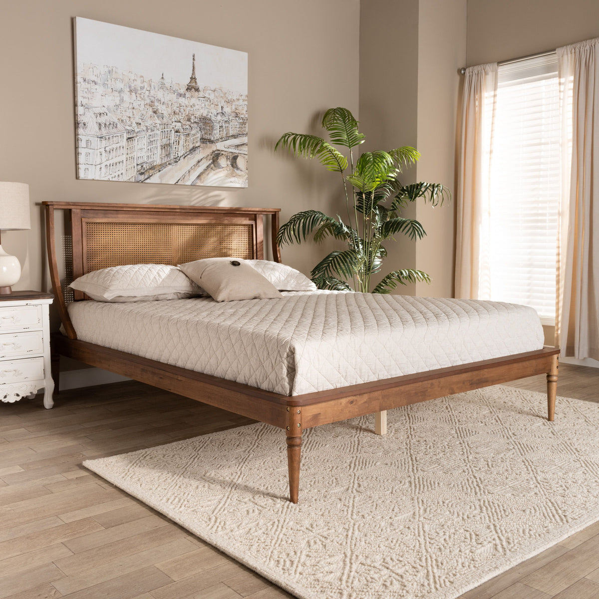Jamila Modern Transitional Walnut Brown Finished Wood and Synthetic Rattan Queen Size Platform Bed