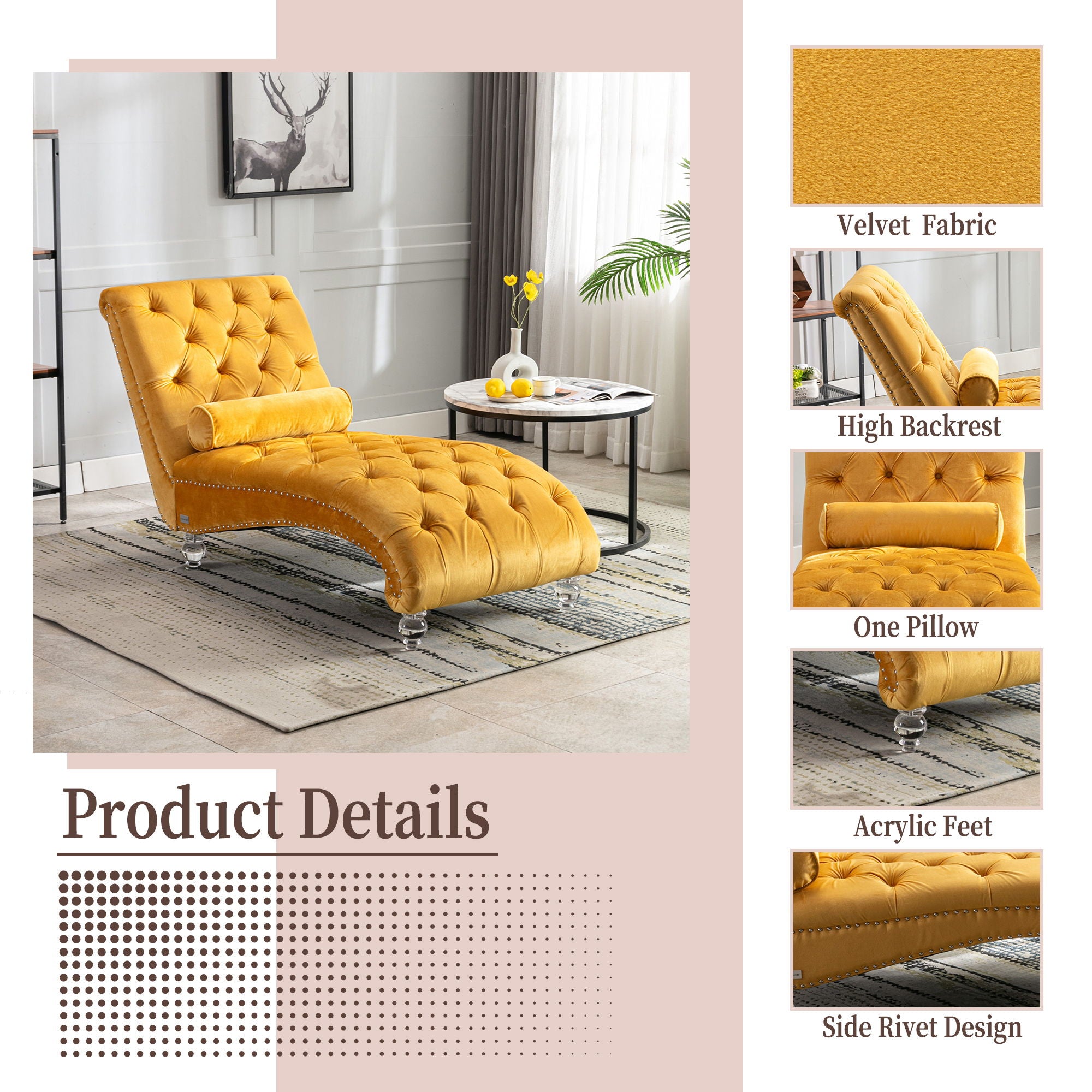 Velvet Chaise Lounge Indoor, Button Tufted Upholstered Chaise Lounge Chair With Pillow