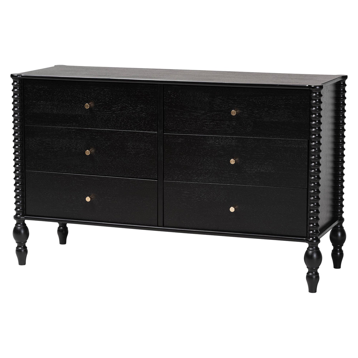 Denita Spindle 4-Piece Bedroom Set - Farmhouse Platform Bed with Matching Dresser, Chest, and 1-Drawer Nightstand, Black, Full