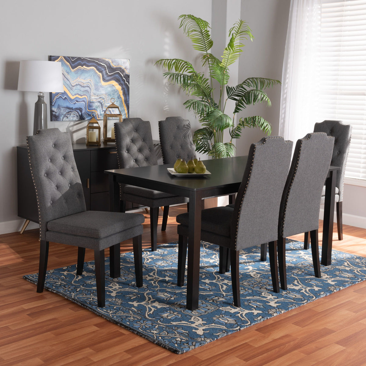 Dylin Modern and Contemporary Dark Grey Fabric Upholstered and Dark Brown Finished Wood 7-Piece Dining Set