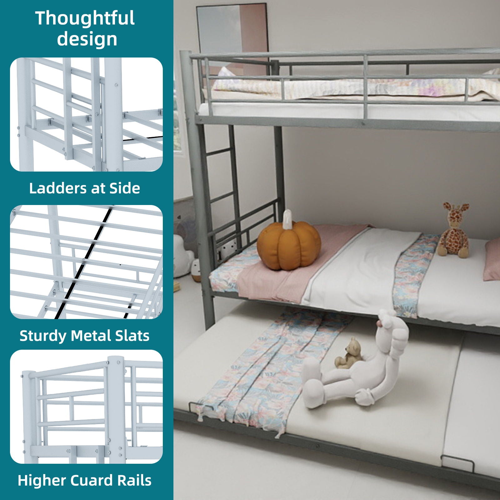 Bunk Bed For Kids, Convertible Frame With Ladders & Guardrail