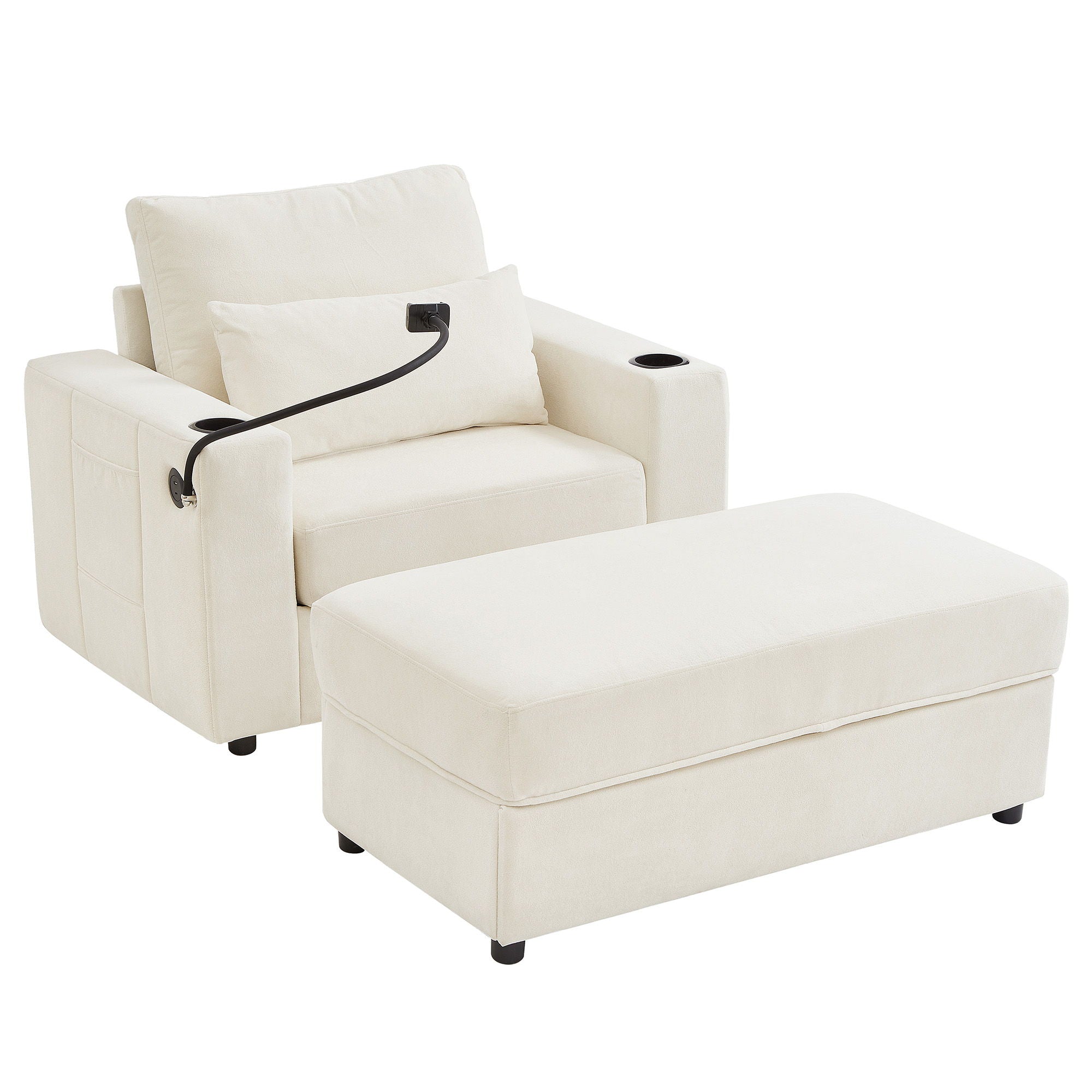 Modern Style Armchair Chaise Lounge Sofa Couch With Movable Storage Ottoman, USB Ports, Cup Holders, Phone Holder, Side Pockets