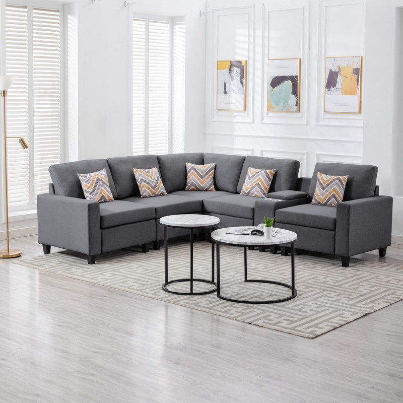 Nolan 106"W Gray Linen Fabric 6Pc Reversible Sectional Sofa with a USB, Charging Ports, Cupholders, Storage Console Table and Pillows and Interchangeable Legs