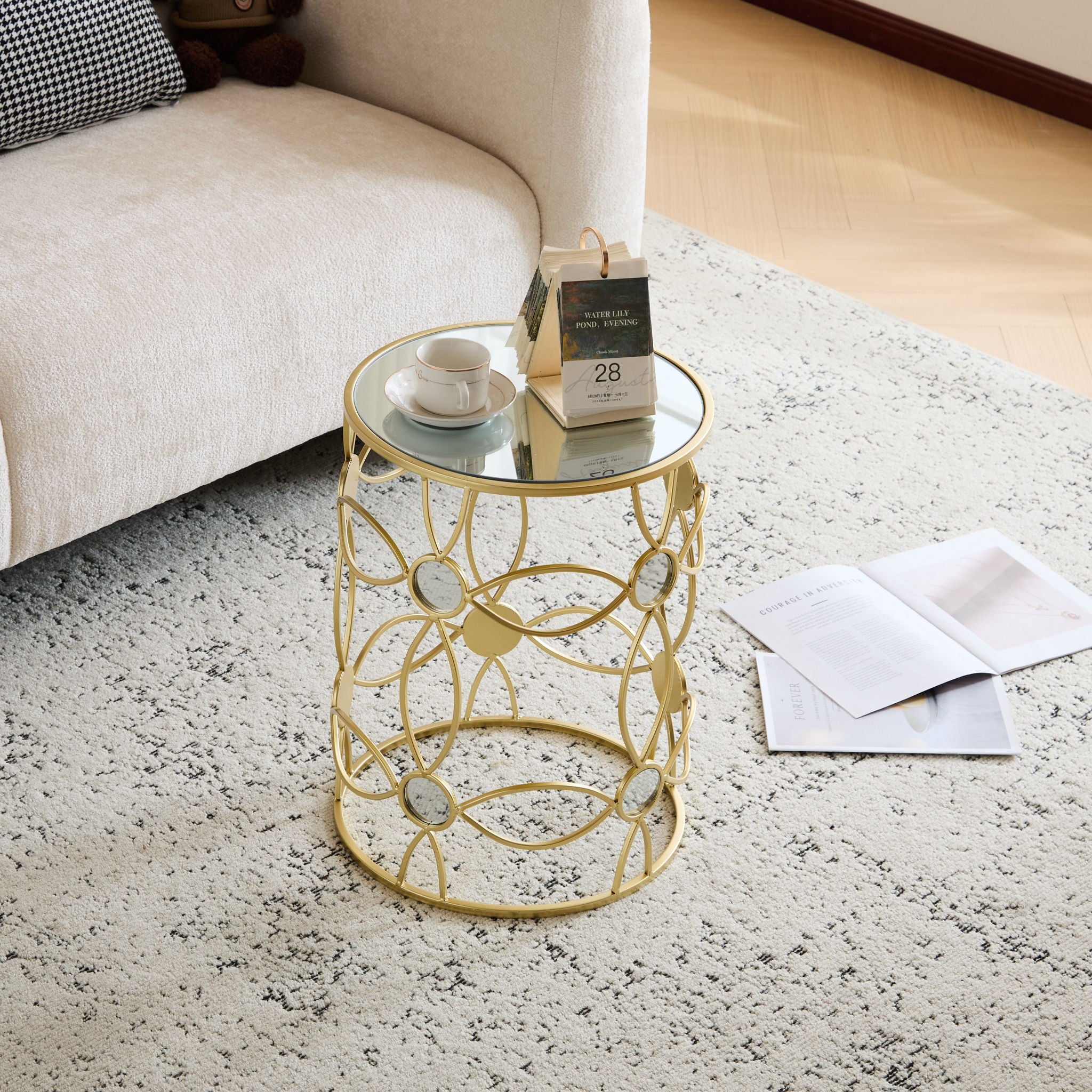Modern Side Table With Mirror Top And Metal Frame - Gold / Clear