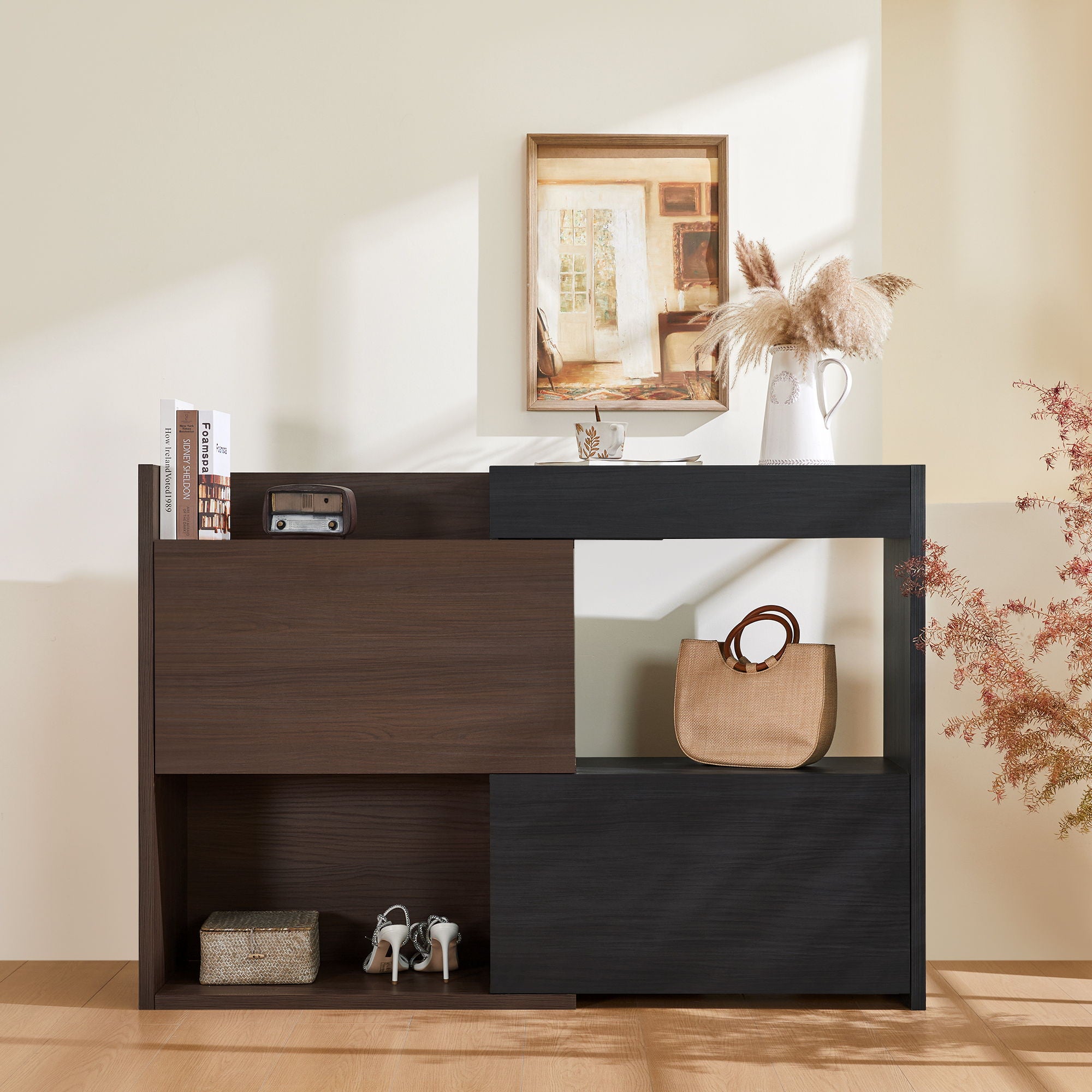 Modern Extendable & Rotating Cabinet With Drawer And Flip Doors For Versatile Storage - Black / Dark Walnut
