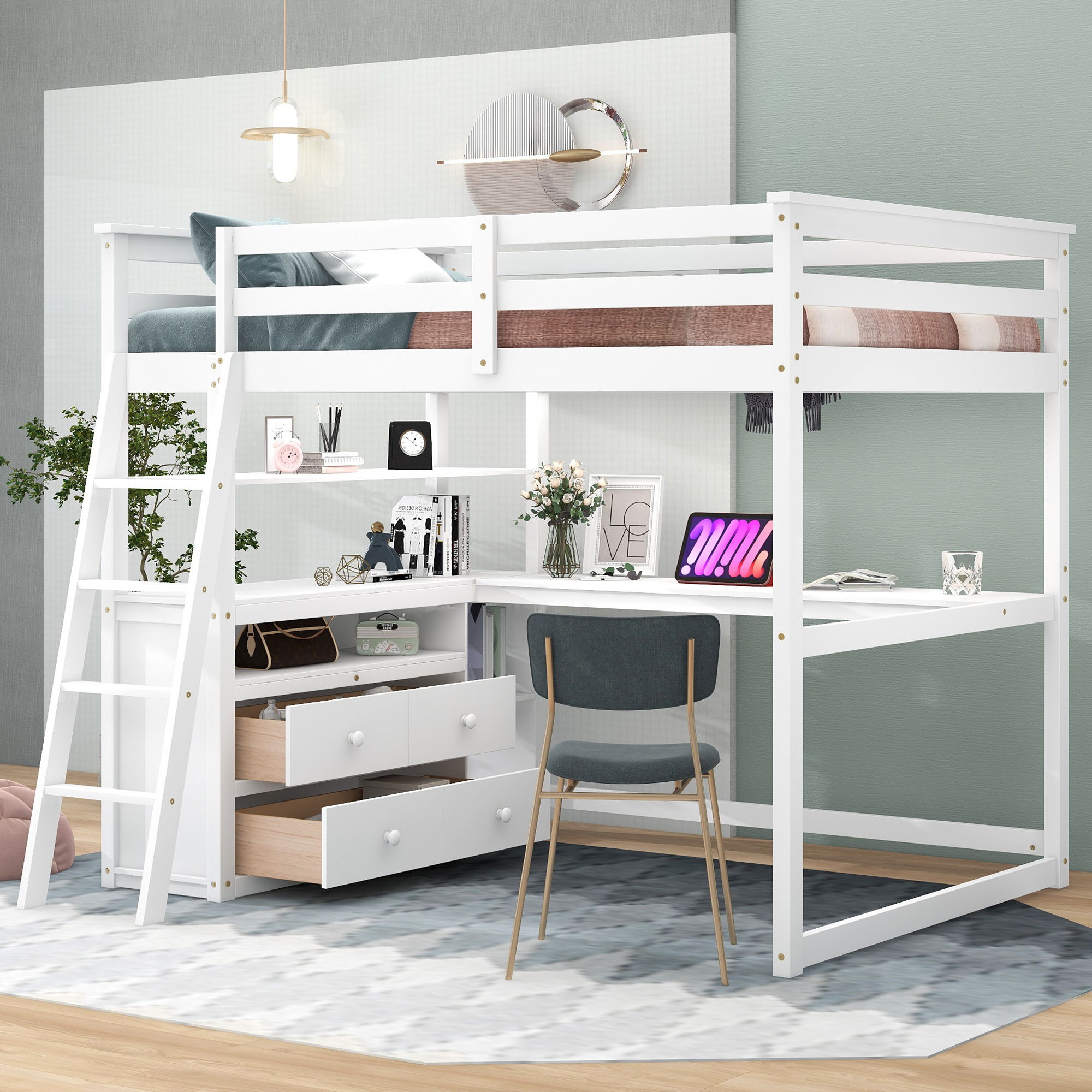 Modern Loft Bed With Built In Desk, Shelves, And 2 Drawers