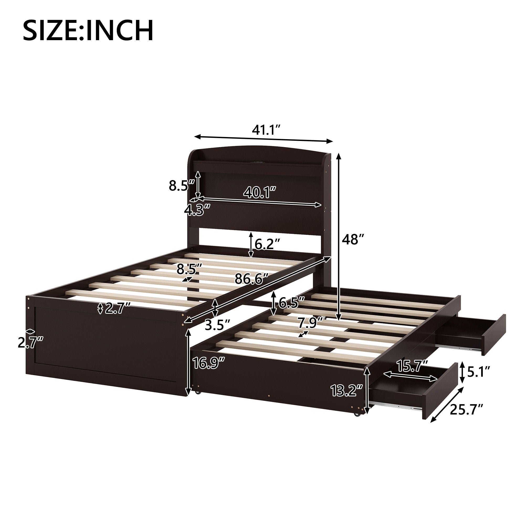 Platform Bed With LED Headboard, Charging Station, Trundle And 2 Drawers