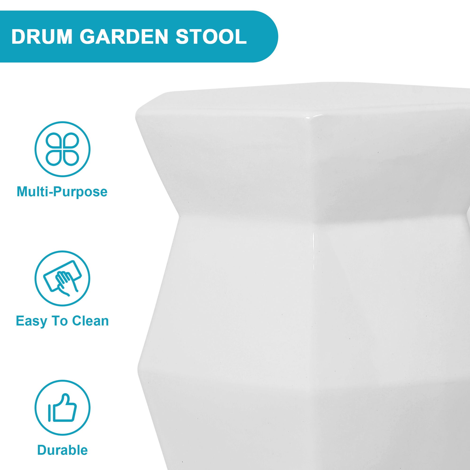 Contemporary Ceramic Drum Stool Indoor / Outdoor Side Table Glazed Accent Garden Stool - White