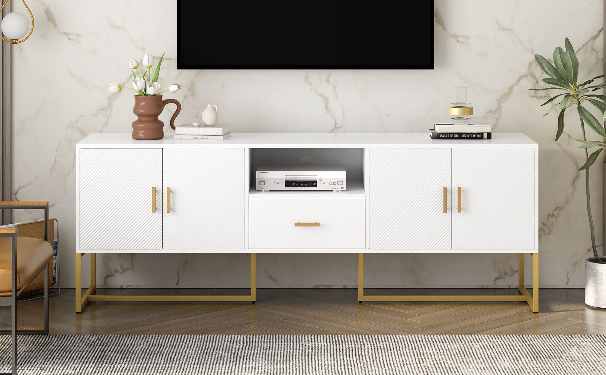 TV Cabinet With 1 Drawer, 2 Cabinets, Handles And Anti-Tip Device