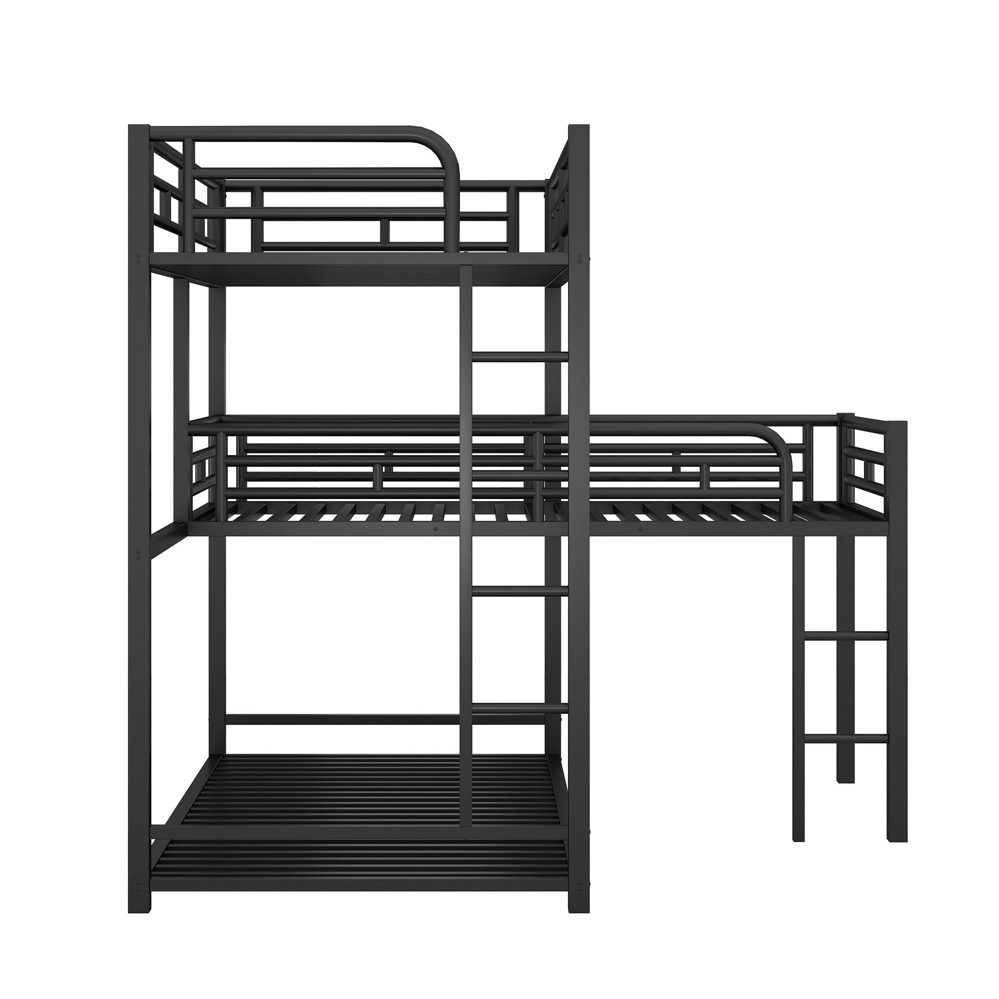 L-Shaped Triple Twin Size Bunk Bed, Industrial Design With Integrated Ladder And Full Length Guardrails - Black