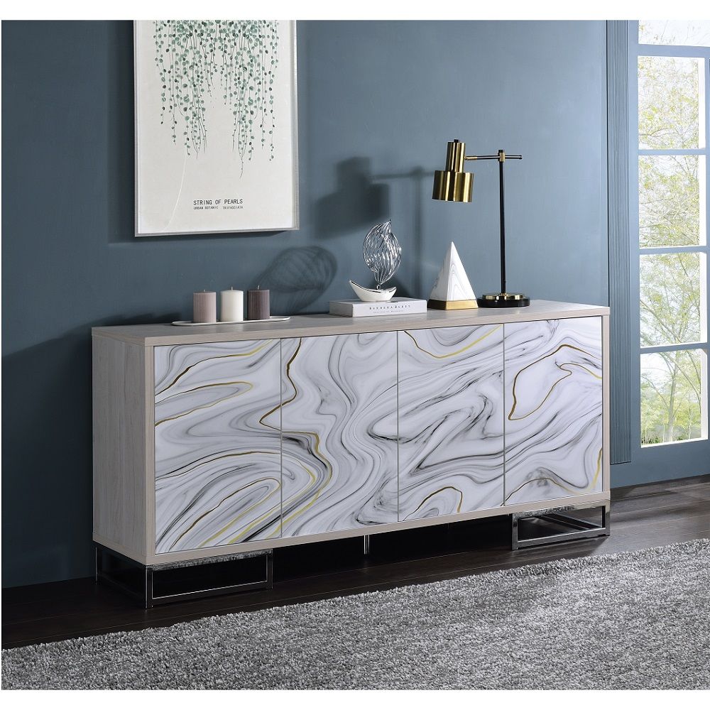 ACME Panos - Console Cabinet - White Marble Print & Chrome | Meri Furniture