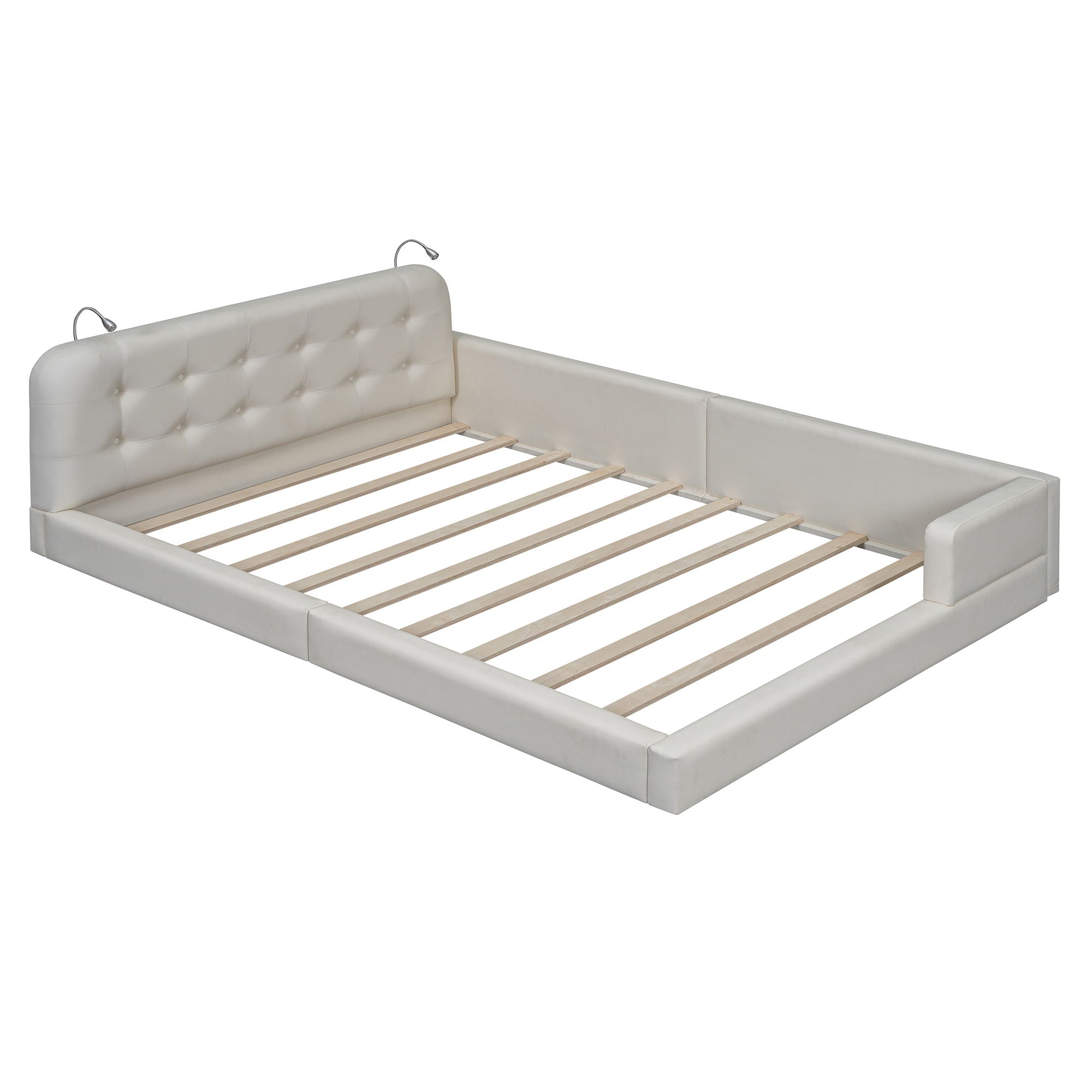 Queen Size Upholstered Platform Bed With 2 Reading Lights - White