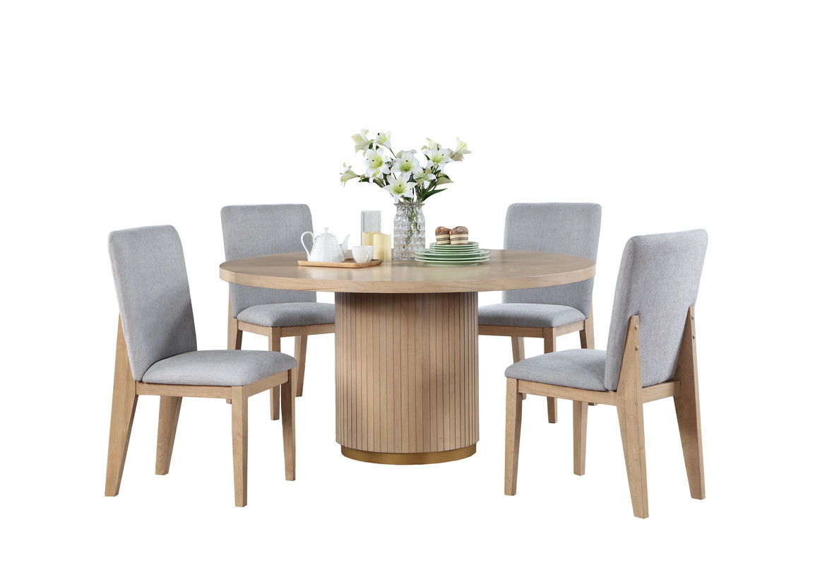 Caspian 5 Piece 59" Round Oak Finish Dining Table Set with Gray Chairs