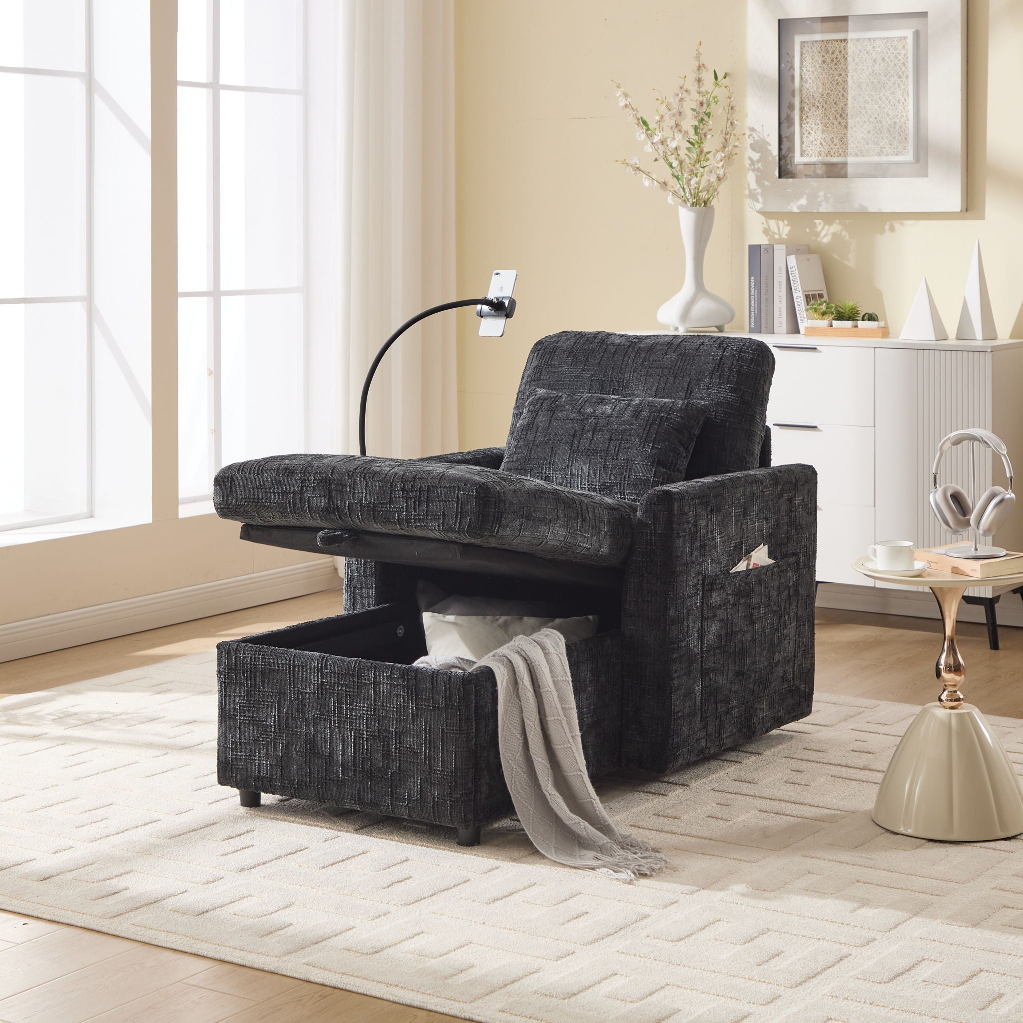 Multifunctional Chenille Recliner Sofa With Storage And Phone Bracket