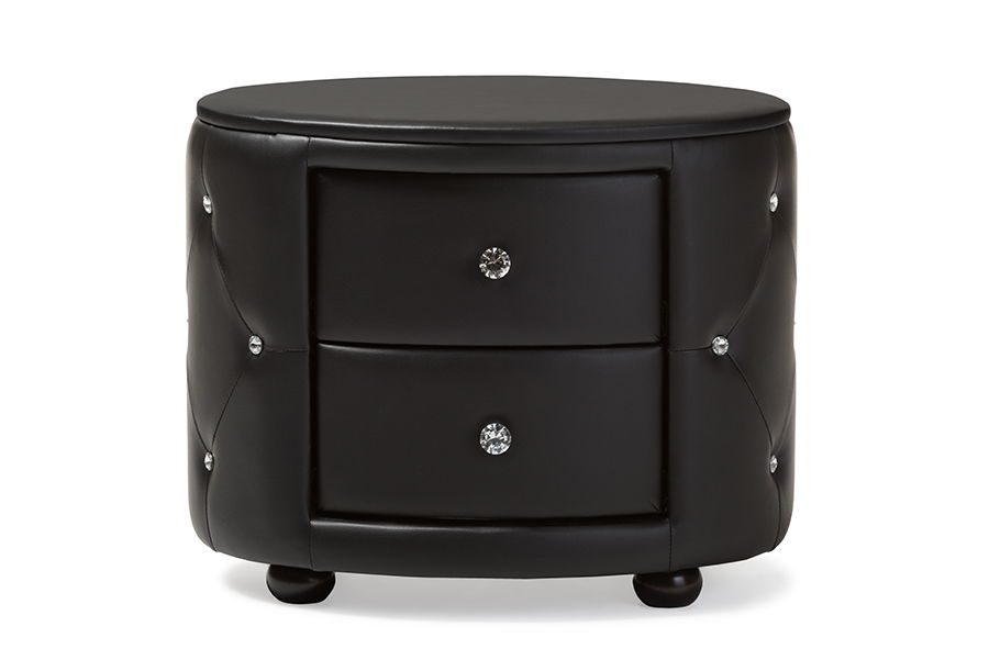Davina Hollywood Glamour Style Oval 2-drawer Black Faux Leather Upholstered Nightstand