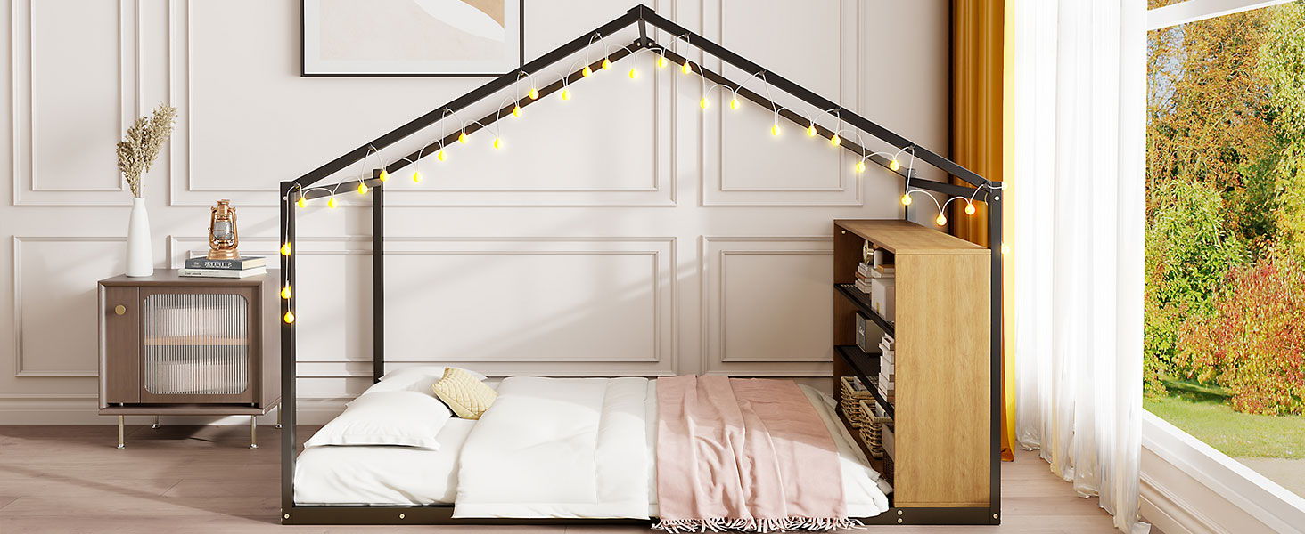 Bed House Frame With Shelves And Lights