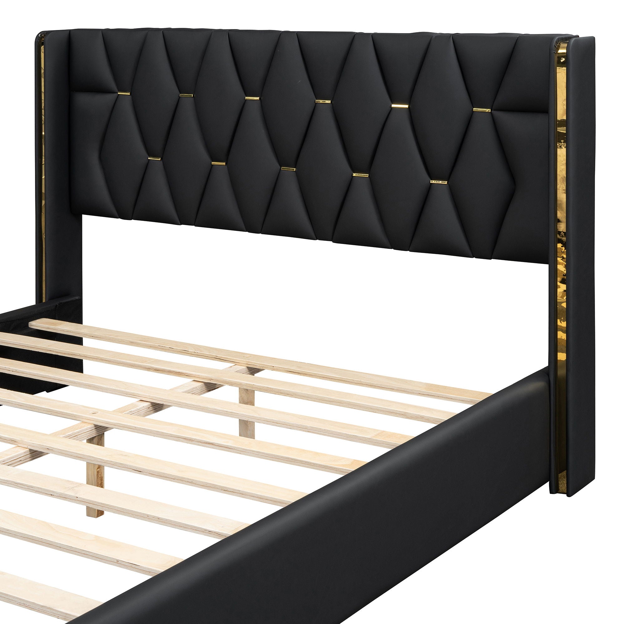 Upholstered Platform Bed With Strips - Black