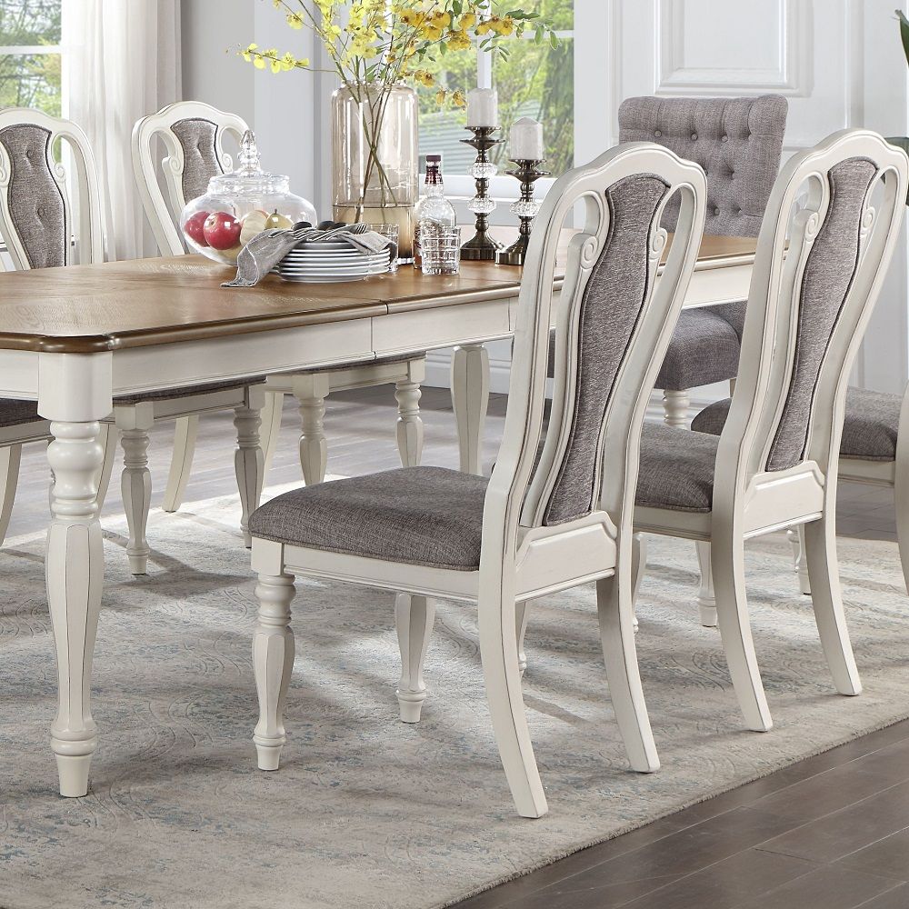 ACME Rectangular Legs Table TwoTone Dining: Oak Top & Antique Base Wooden Top & Apron Padded Seat & Back Cushion: Fabric Wooden Turned Legs(Front) Server with 2 Drawers & 2 Doors Table Available in Two Sizes | Meri Furniture
