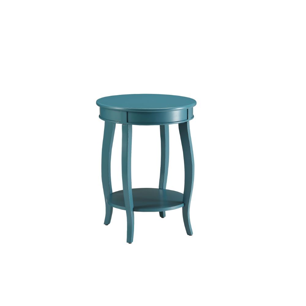 ACME This Alberta side table will be your favorite accent piece with its round top form and stylized legs. Offered in four different colors: Antique White, walnut, red, and teal. One is sure to fit perfect with your style. | Meri Furniture