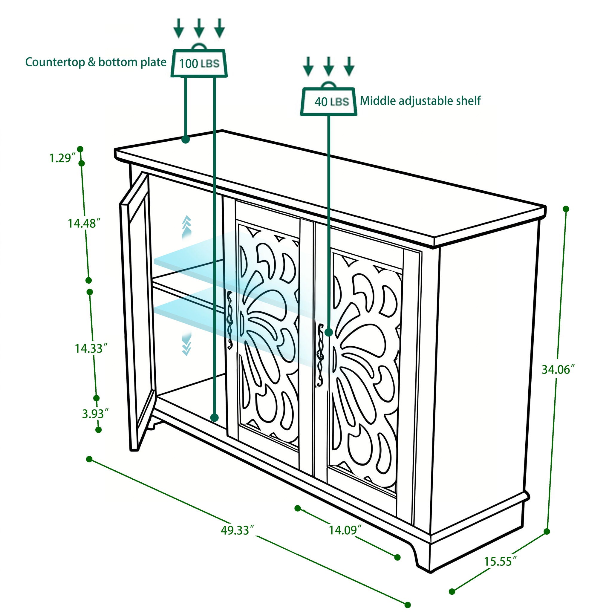 3 Door Mirrored Sideboard Cabinet With Adjustable Shelves