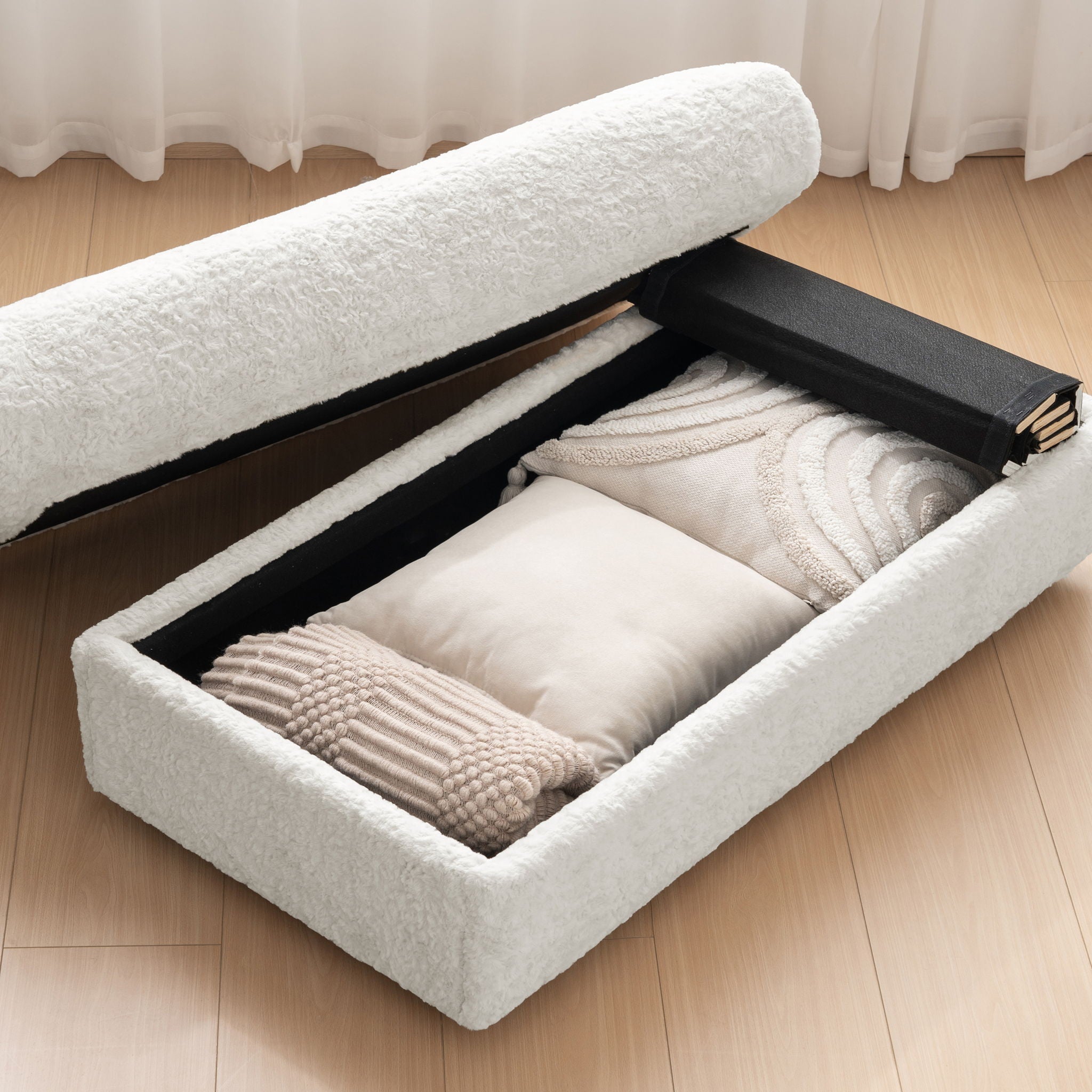 Oversized Chaise Lounge Indoor Rabbit Fur Sofa Bed With Storage Ottoman And Armrests Cup Holders With Deep Seat