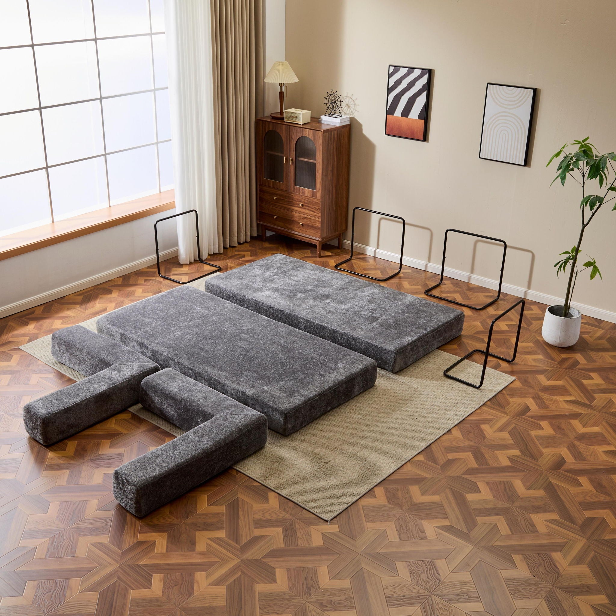 Convertible Floor Sofa Bed With Pillow Back Support Armrest