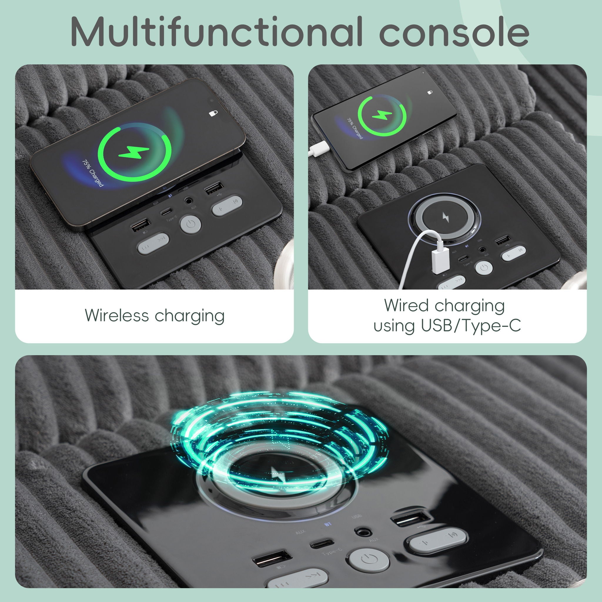 Sectional With Bluetooth Speakers L Shaped Couch With Console USB Charger, Cup Holders Storage Ottoman Deep And Wide Seat Cloud Sofa